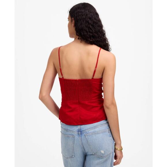 Madewell Ruched Squareneck Tank WMNS 2 Red Linen-Cotton Adjustable Strap Smocked - Picture 2 of 13